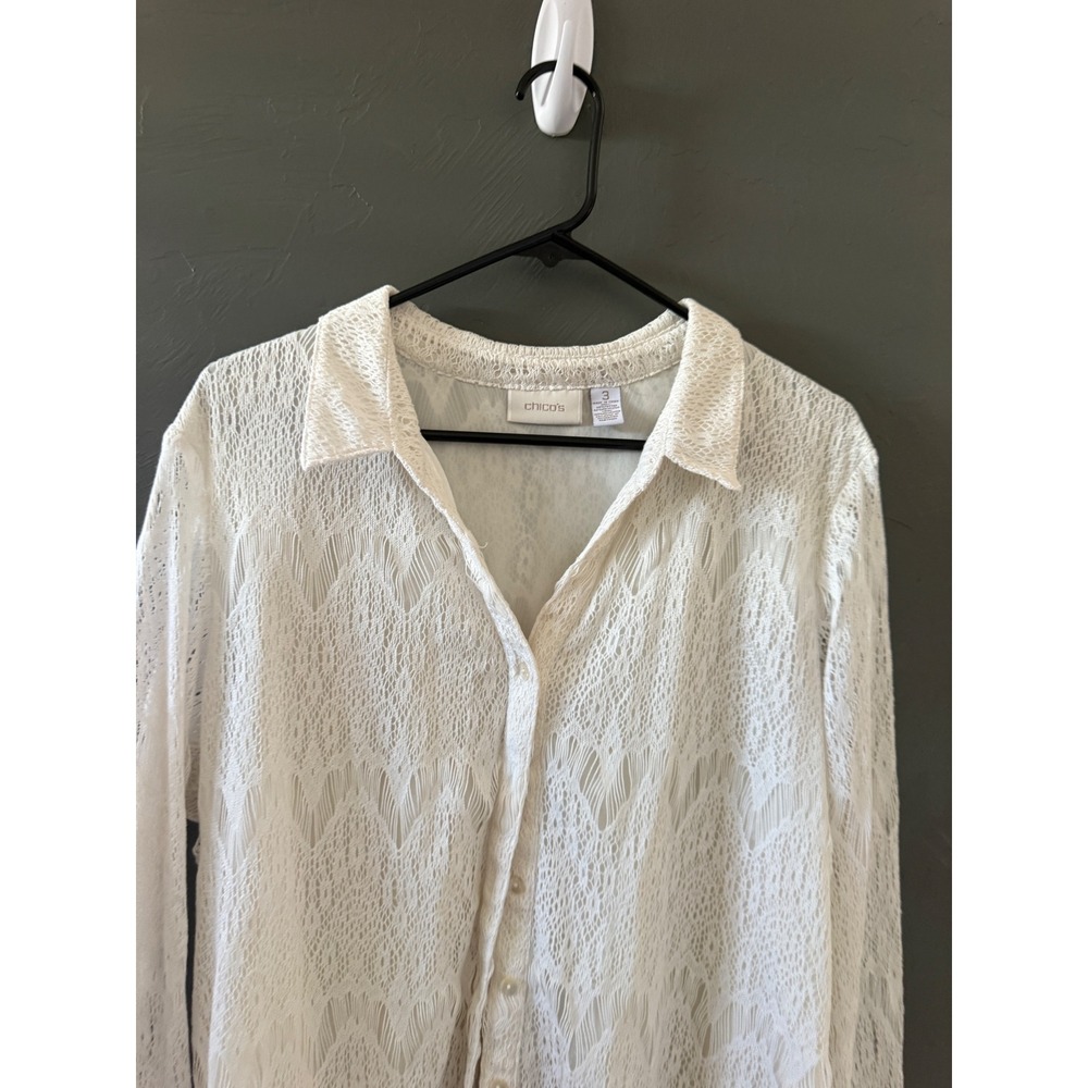 Chicos White Lace Button Front Blouse 3/4 Sleeve Cottae Knit Lined Top 3 Large